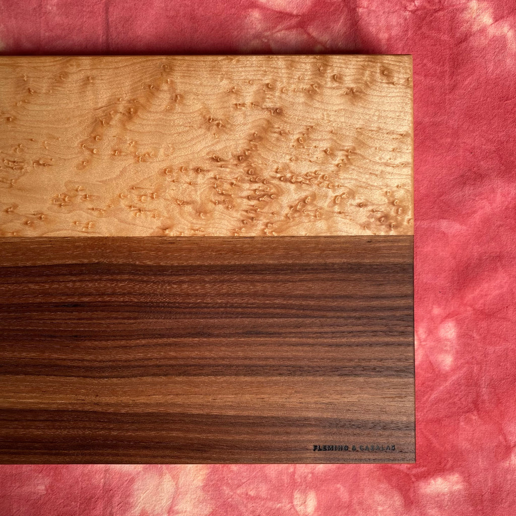 bookmatched black walnut and birdseye maple hardwood handmade cutting board close up