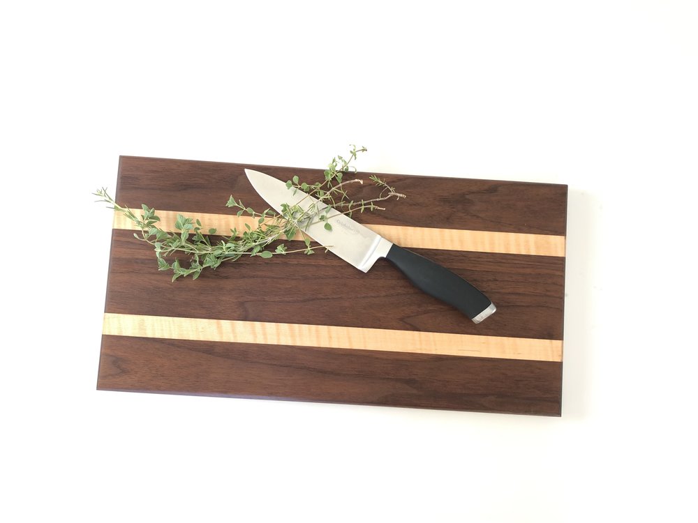 curly maple and black walnut cutting charcuterie board fleming & cazalas