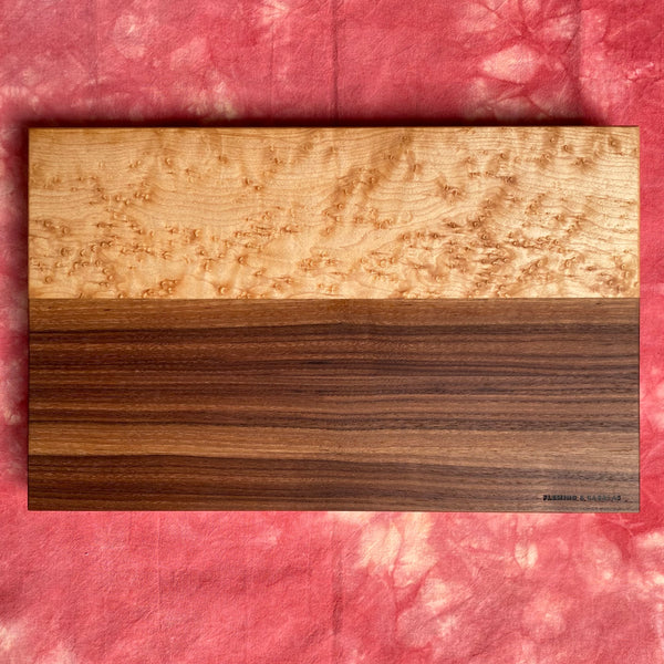 bookmatched black walnut and birdseye maple hardwood handmade cutting board